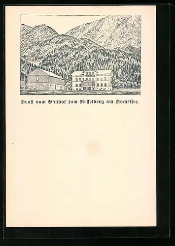 Lithographie Kochel am See, Gasthof zum Kesselberg