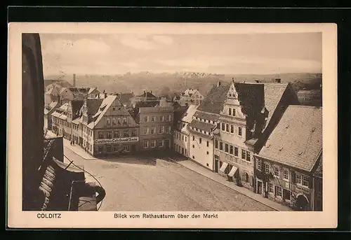 AK Colditz, Blick vom Rathausturm über den Markt