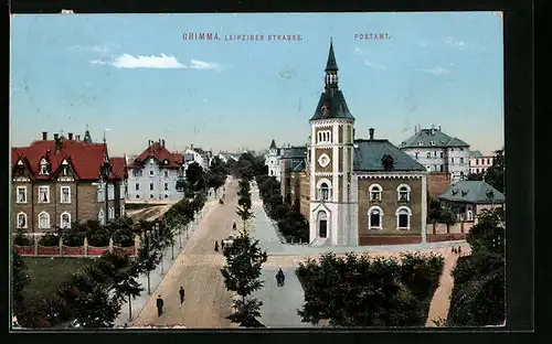 AK Grimma, Leipziger Strasse mit Postamt