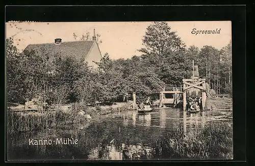 AK Neu-Zauche /Spreewald, Gasthof Kanno-Mühle, Menschen mit Kähnen