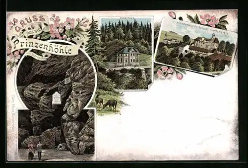 Lithographie Hartenstein /Erzg., Schönburgsches Schloss, Forsthaus, Prinzenhöhle