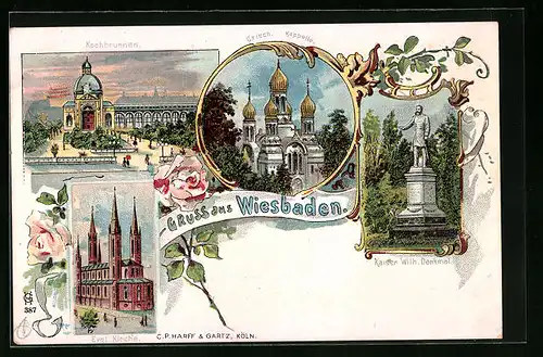 Lithographie Wiesbaden, Kochbrunnen, Evangelische Kirche, Griechische Kapelle