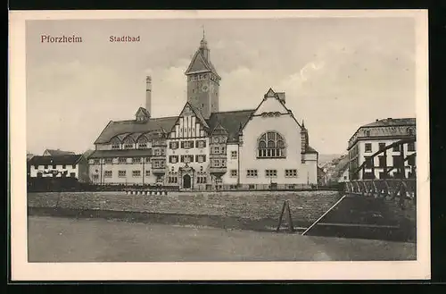 AK Pforzheim, Stadtbad am Fluss