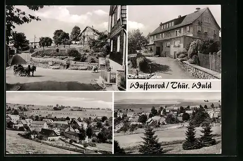 AK Waffenrod /Thür., Cafe Bergfrieden, Ortsansicht aus der Vogelschau, Strassenpartie mit Kutsche