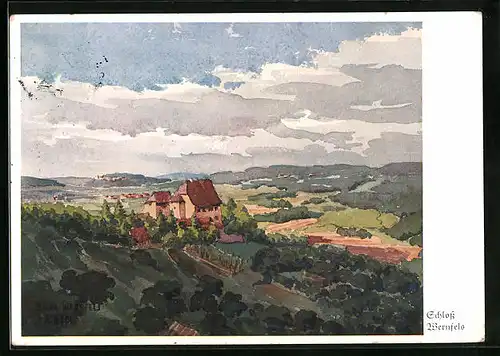 Künstler-AK Wernfels über Roth, Schloss aus der Vogelschau