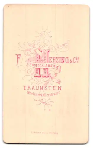 Fotografie F. Herzing & Cie, Traunstein, Scheicherkellerstrasse, Betagte Dame mit Kopfbedeckung