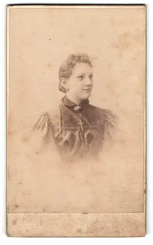 Fotografie I. Engelmann, Posen, Wilhelm-Strasse 8, Edel gekleidete junge Frau mit Kreuzkette und Brosche