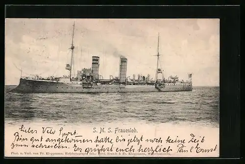 AK Kriegsschiff SMS Frauenlob auf hoher See
