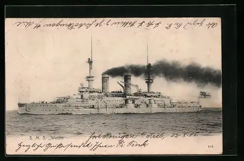AK Kriegsschiff SMS Wettin in voller Fahrt