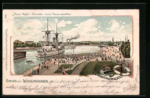 Lithographie Wilhelmshaven, Einlaufen eines Panzerschiffes in den Kriegshafen