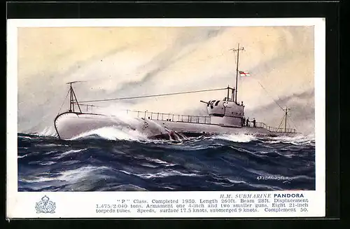 Künstler-AK H.M. U-Boot Pandora der Britischen Marine