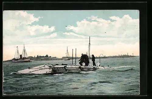 Künstler-AK Britisches U-Boot Nr. 4 mit der Crew auf Deck