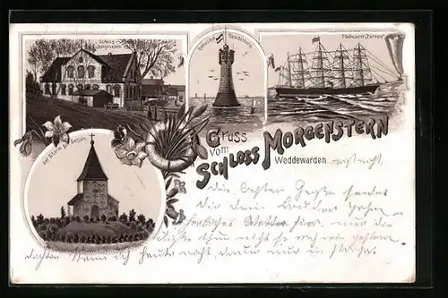 Lithographie Weddewarden, Gasthaus Schloss Morgenstern, Fünfmaster Patosie, Rothesand-Leuchtturm