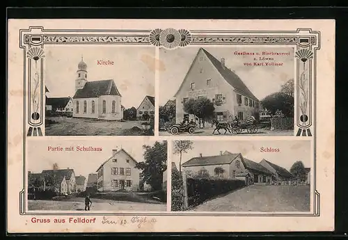 AK Felldorf, Gasthaus und Bierbrauerei zum Löwen, Schloss, Kirche