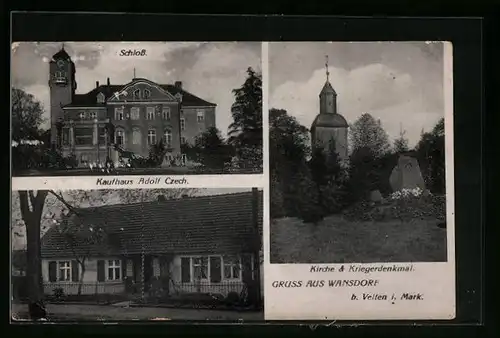 AK Wansdorf /Mark, Kaufhaus Adolf Czech, Schloss, Kirche und Kriegerdenkmal