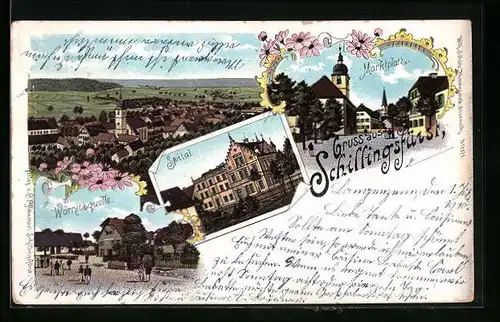 Lithographie Schillingsfürst, Spital, Wörnitzquelle, Marktplatz