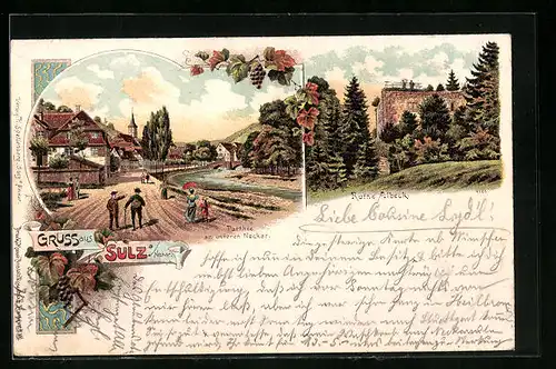 Lithographie Sulz a. Neckar, Ruine Albeck, Strassenpartie am unteren Neckar