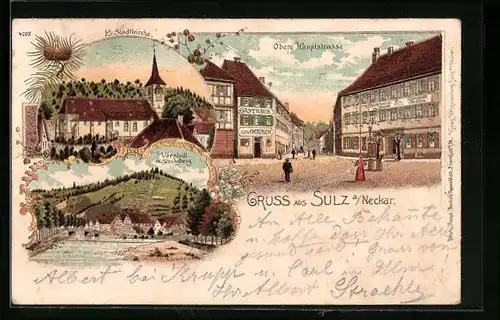 Lithographie Sulz a. Neckar, Obere Hauptstrasse mit Gasthaus zum Ochsen, Ev. Stadtkirche