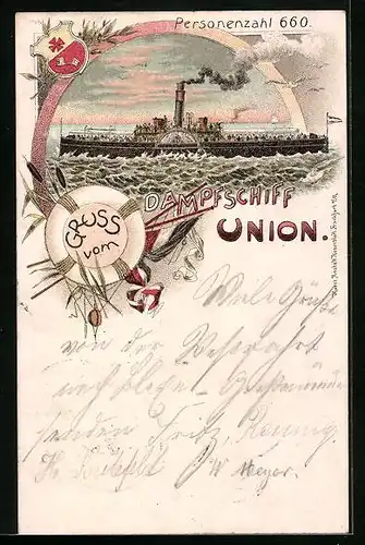 Lithographie Passagierschiff Union mit Fahrgästen