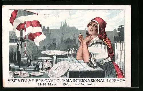 Künstler-AK Prag, Visitate la Fiera Campionaria Internazionale 1923, Frau in Tracht