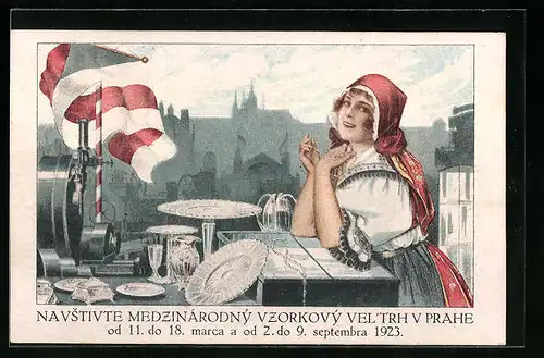 Künstler-AK Prag, Visitate la Fiera Campionaria Internazionale 1923, Frau in Tracht