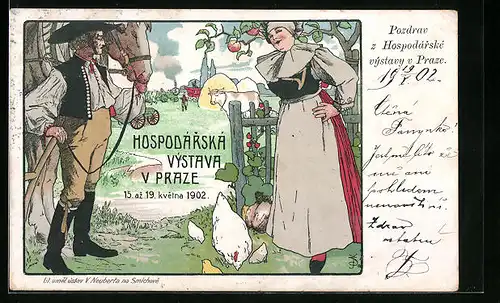 Lithographie Prag, Hospodarska Vystava 1902, Bauern mit Huhn
