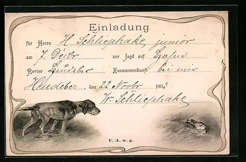 AK Jagdeinladung mit Jagdhund und Kaninchen