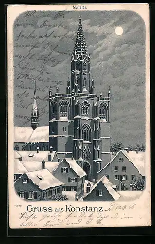 Winter-Lithographie Konstanz, Münster bei Mondschein