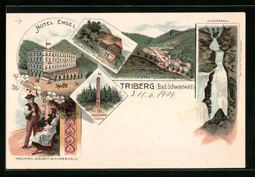 Lithographie Triberg /Bad. Schwarzwald, Hotel Engel, Aussichtsturm, Wasserfall