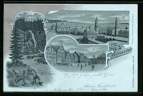 Mondschein-Lithographie Freudenstadt, Postamt mit Wachthaus u. Ev. Kirche, Marktplatz, Sankenbacher Wasserfälle