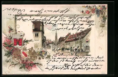 Passepartout-Lithographie Offenburg, Strassenpartie mit Apotheke und Brunnen, Wappen