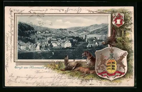 Passepartout-Lithographie Herrenalb, Teilansicht, Wappen