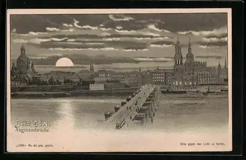 Lithographie Dresden, Augustbrücke bei Mondschein, Halt gegen das Licht