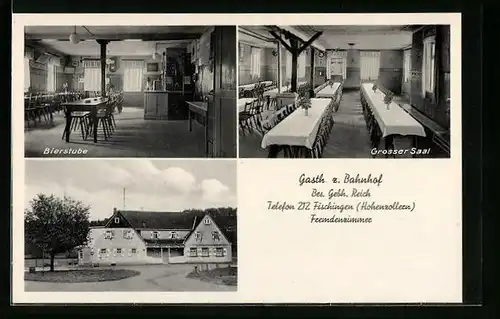 AK Fischingen /Hohenzollern, Gasthaus zum Bahnhof, Innenansichten Bierstube und grosser Saal