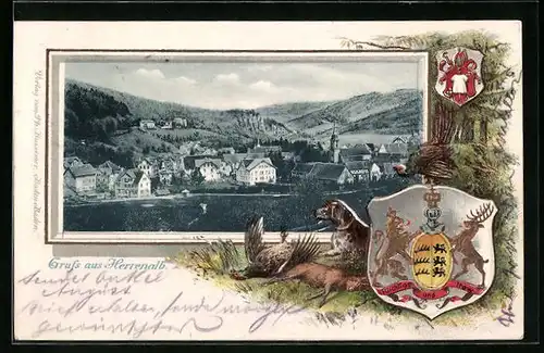 Passepartout-Lithographie Herrenalb, Teilansicht, Wappen