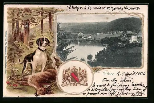 Passepartout-Lithographie Titisee, Uferpartie, Jagdhund mit erlegtem Rehbock, Wappen