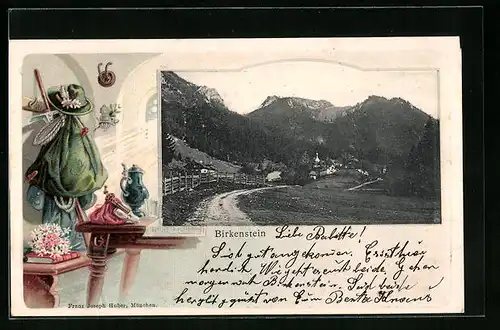 Passepartout-Lithographie Birkenstein, Strassenpartie vorm Dorf, Bergsteiger-Ausrüstung