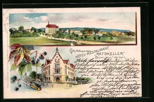 Lithographie Bühlau / Dresden, Hotel-Restaurant Ratskeller, Ortsansicht