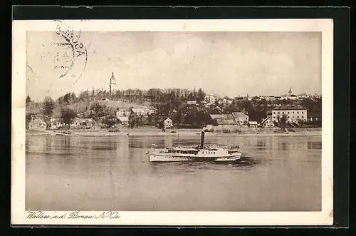 AK Wallsee a. d. Donau, Uferpartie mit Binnenschiff