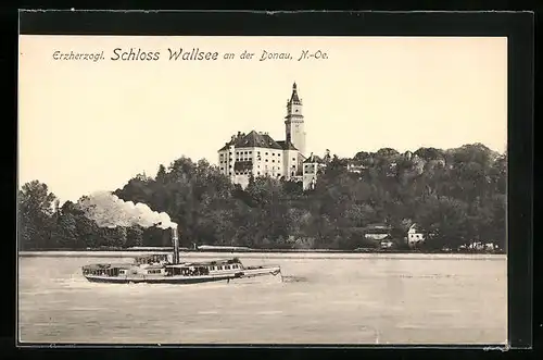 AK Wallsee an der Donau, Erzherzogliches Schloss Wallsee mit Binnenschiff