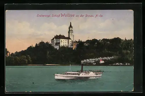 AK Wallsee an der Donau, Erzherzogliches Schloss Wallsee mit Binnenschiff