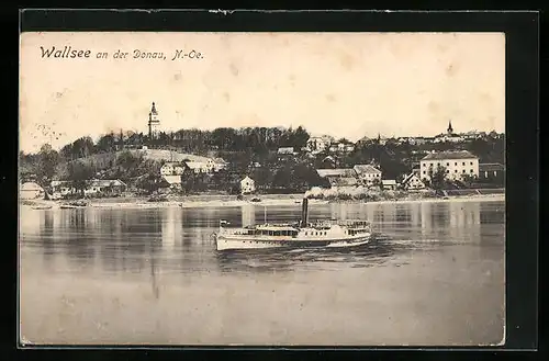 AK Wallsee an der Donau, Uferpartie mit Binnenschiff