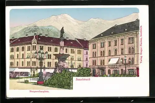 Goldfenster-AK Innsbruck, Häuser am Margarethenplatz mit leuchtenden Fenstern