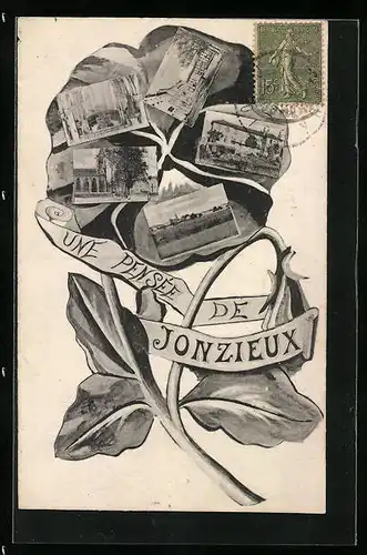 Blumengruss-AK Jonzieux, Une Pensée, l`Eglise, une Rue