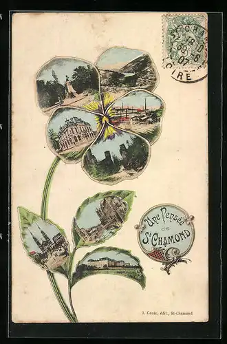 Blumengruss-AK St. Chamond, Eglise, Usine, Vue générale