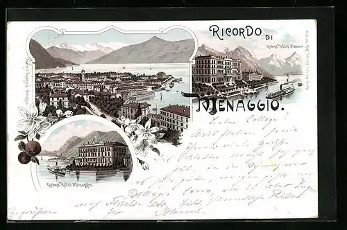 Lithographie Menaggio, Grand Hôtel Victoria, Grand Hôtel Menaggio, Panorama