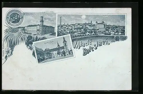 Lithographie Jung Bunzlau / Mlada Boleslav, Panorama, Mestska budova, Stare mesto