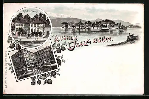 Lithographie Isola Bella, Hôtel du Dauphin, Palazzo Borromeo, Panorama