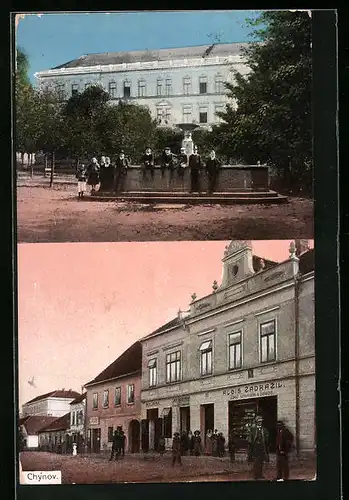 AK Chynov, Brunnen mit Kindern, Strassenpartie mit Geschäft