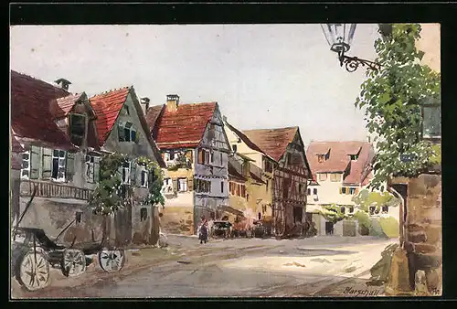 Künstler-AK Tübingen, Jakobsgasse, Strassenansicht mit Kutsche